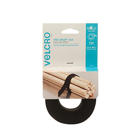 VELCRO Brand - ONE-WRAP Roll, Double-Sided, Self Gripping Multi-Purpose Hook and Loop Tape, Reusable, 12' x 3/4" Roll - Black