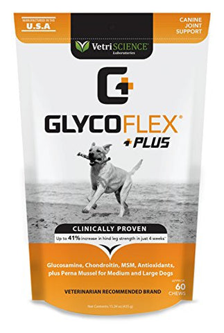 VetriScience Laboratories GlycoFlex Plus, Hip and Joint Supplement for Dogs, 60 Bite-Sized Chews