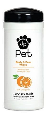John Paul Pet Body and Paw Pet Wipes for Dogs and Cats, Infused with Orange Oil, 7" x 7" Sheets in 45-Count Dispenser