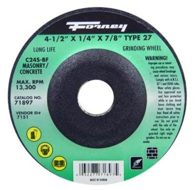 Forney 71897 Grinding Wheel with 7/8-Inch Arbor, Masonry Type 27, C24S-BF, 4-1/2-Inch-by-1/4-Inch