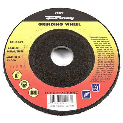 Forney 71877 Grinding Wheel with 7/8-Inch Arbor, Metal Type 27, A24R-BF, 4-1/2-Inch-by-1/4-Inch