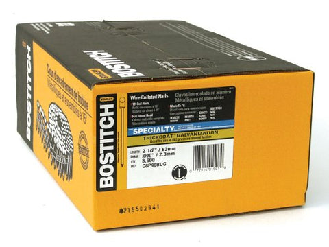 BOSTITCH C8P90BDG Thickcoat Round Head 2-1/2-Inch by .090-Inch by 15 Degree Wire Collated Coil Siding Nail (3,600 per Box)