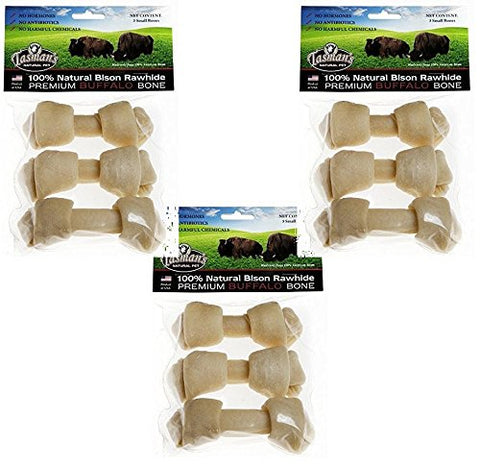 (3 Pack) Tasman's Natural Pet All-Natural Buffalo Rawhide Bones, 9 Bones Total - (3 Packs with 3 Bones Per Pack)