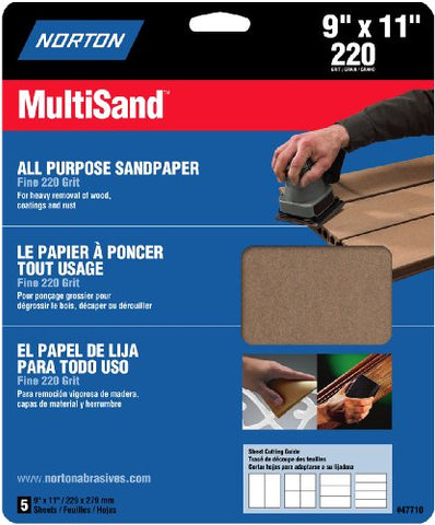 Norton 47710 Multisand Sandpaper 220 Grit, 9-Inch x 11-Inch, 5-Pack