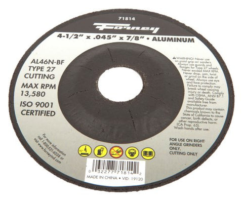 Forney 71814 Cut-Off Wheel with 7/8-Inch Arbor, Aluminum Type 27, AL46N-BF, 4-1/2-Inch-by-0.45-Inch